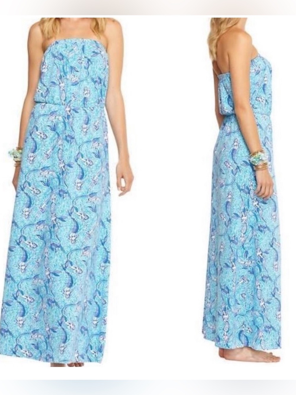 Lilly Pulitzer Maxi Dress Strapless Marlisa Nice Tail Mermaids Blue Small